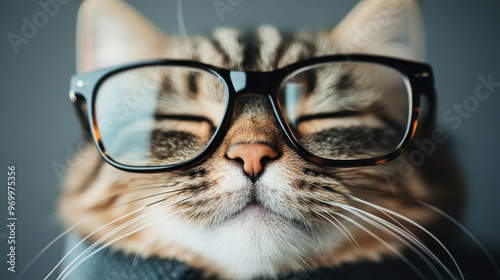 A cat with closed eyes wearing glasses is captured in a close-up photograph, the background in gray, giving a comically serene and peaceful appearance with a touch of whimsy. photo