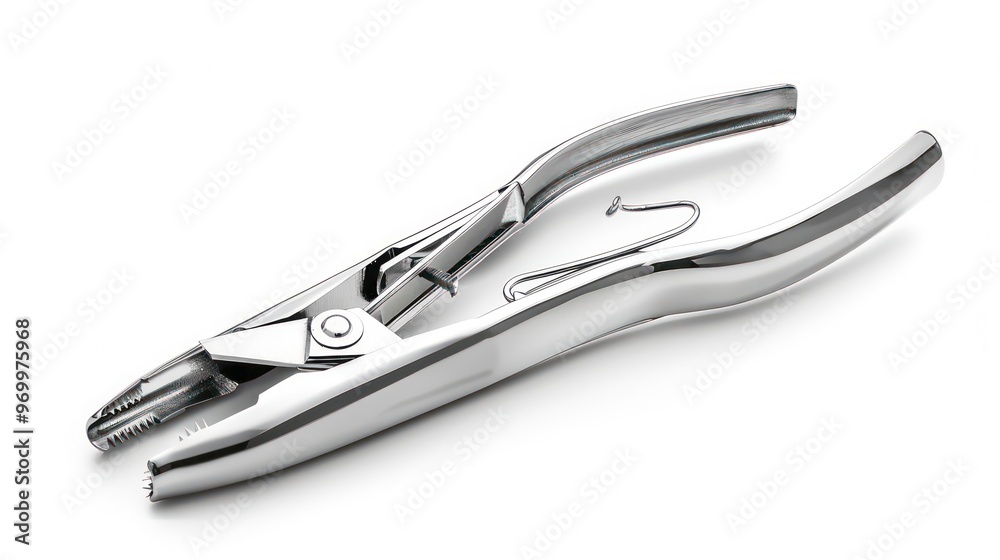Stainless steel pliers with a hooked tip on a white background. Stainless steel pliers with a hooked tip on a white background.