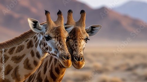 Two giraffes stand close together in an open savanna, their necks entwined as they look towards the camera, embodying a gentle and serene coexistence in the wild. photo