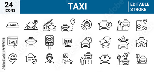 Taxi service web line icon set. Transport, driver, passenger on travel, Taxi Sign. Rank