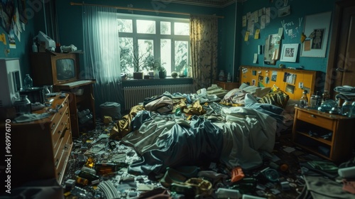 Bedroom in disarray after a party, with clothes, bottles, and trash littering the floor.