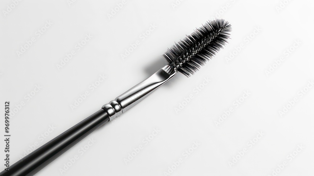 Close-up of a black mascara wand with a silver ferrule and black bristles, lying on a white background. Close-up of a black mascara wand with a silver ferrule and black bristles, lying on a white background.