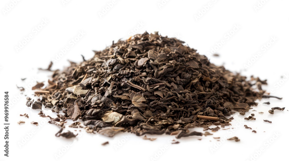 Close-up of dried black tea leaves isolated on a white background. Close-up of dried black tea leaves isolated on a white background.