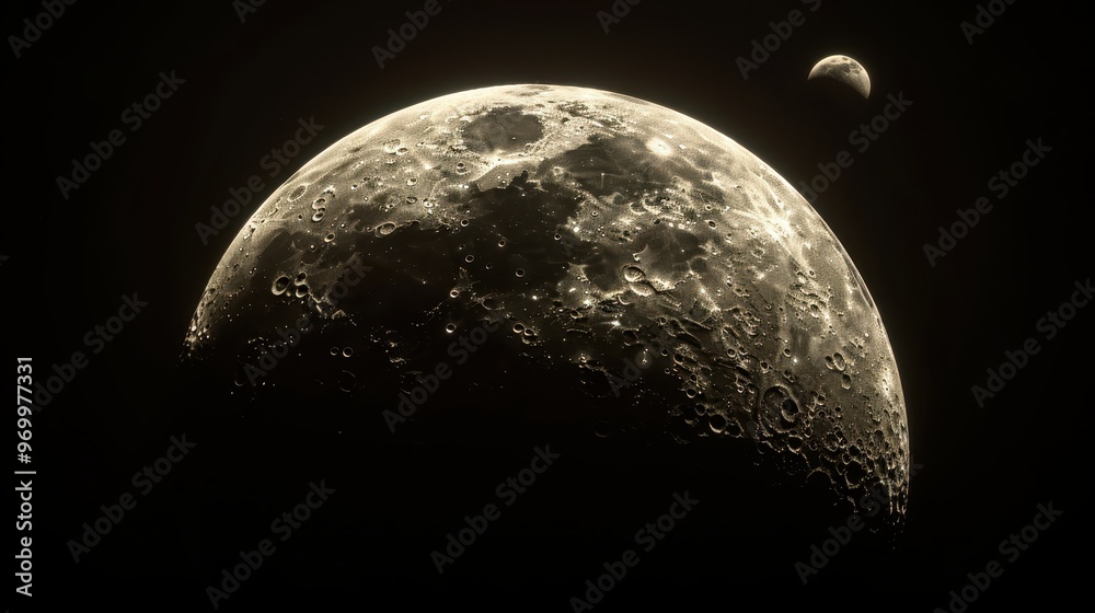 Large celestial body with a heavily cratered surface, which is the Moon, and a smaller celestial body in the background, which is Earth Large celestial body with a heavily cratered surface, which is the Moon, and a smaller celestial body in the background, which is Earth