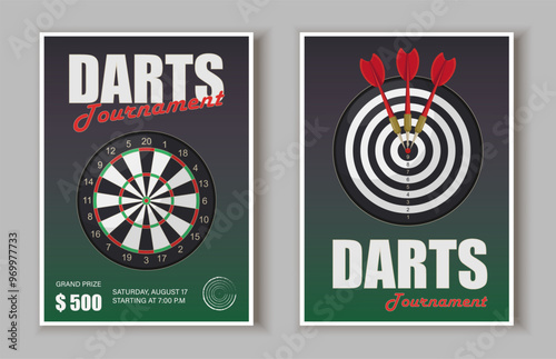 Darts tournament posters set. Dartboard with red darts. Active lifestyle and sports. Competition and tournament, league. Flat vector collection isolated on grey background