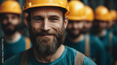 Image of a young construction worker with a beard and a yellow hard hat, smiling and looking at the camera while standing in front of a group of similarly dressed colleagues.