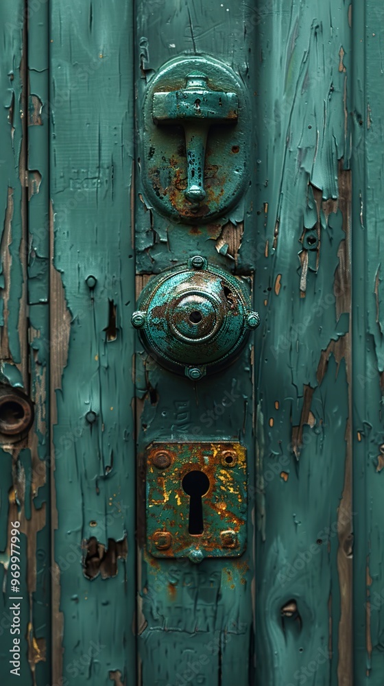 Close-Up of Old Green Door with Rusty Hardware Close-Up of Old Green Door with Rusty Hardware