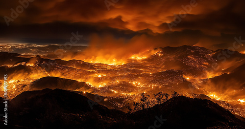 High angle view of fires burning thousands of acres in mountains at night
 photo