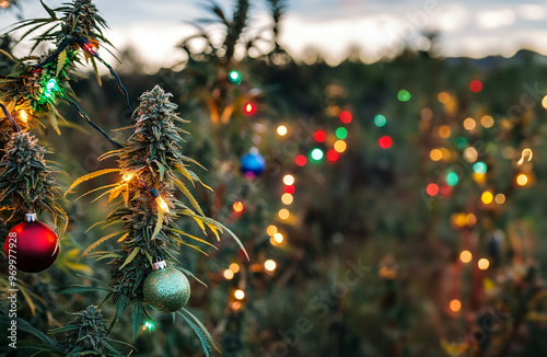 Cannabis plant decorated with colorful Christmas lights and ornaments.  Copy space 