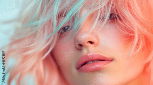 An ethereal close-up of a person with an abstract pink and blue hairstyle. Their face is partially hidden by hair, suggesting a mystical and dreamlike emotion.