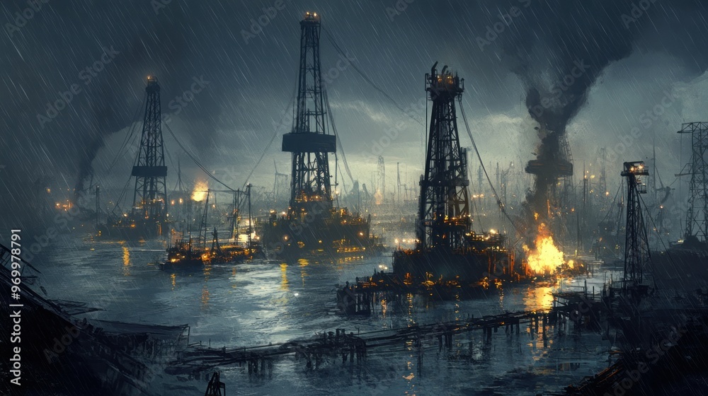 Industrial Oil Rigs Burning Under a Raining Sky Industrial Oil Rigs Burning Under a Raining Sky