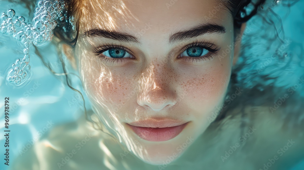 Close-Up Portrait of a Beautiful Young Woman in the Water with Selective Focus, Capturing Serenity and Natural Beauty Close-Up Portrait of a Beautiful Young Woman in the Water with Selective Focus, Capturing Serenity and Natural Beauty