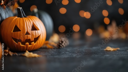 Carved Halloween pumpkin with a classic Jack-o'-lantern smile illuminated by warm festive lights in the background, epitomizing Halloween’s spooky and festive ambiance. photo