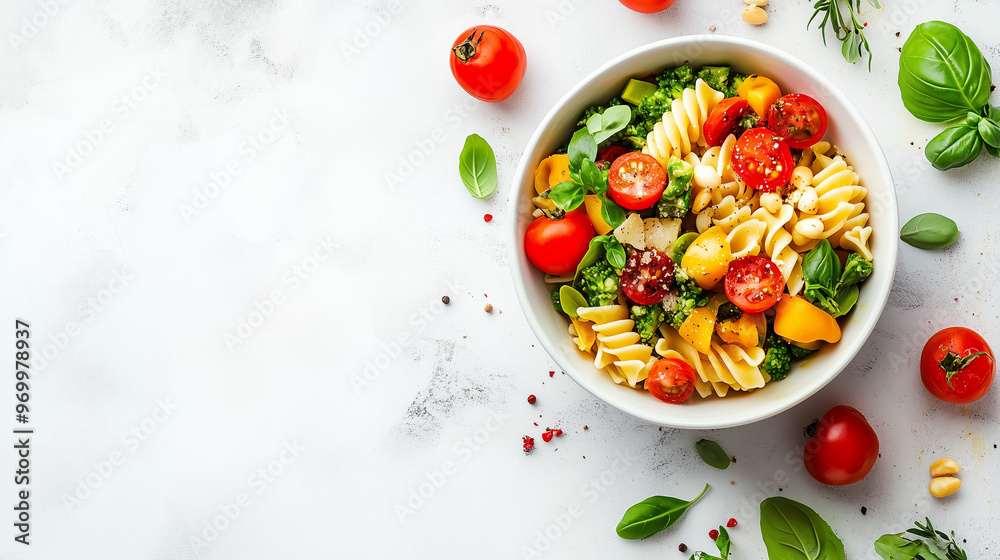 Fresh and colorful pasta salad with tomatoes, bell peppers, and basil in a white bowl on a bright white background. Fresh and colorful pasta salad with tomatoes, bell peppers, and basil in a white bowl on a bright white background.