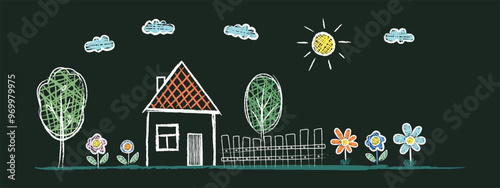 Drawings made by a child's hand with chalk on asphalt or school blackboard. A house, a sun, a tree, a flower.  White and colored lines on a dark green background