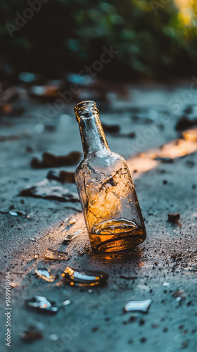 A broken glass bottle lies on ground, reflecting light beautifully