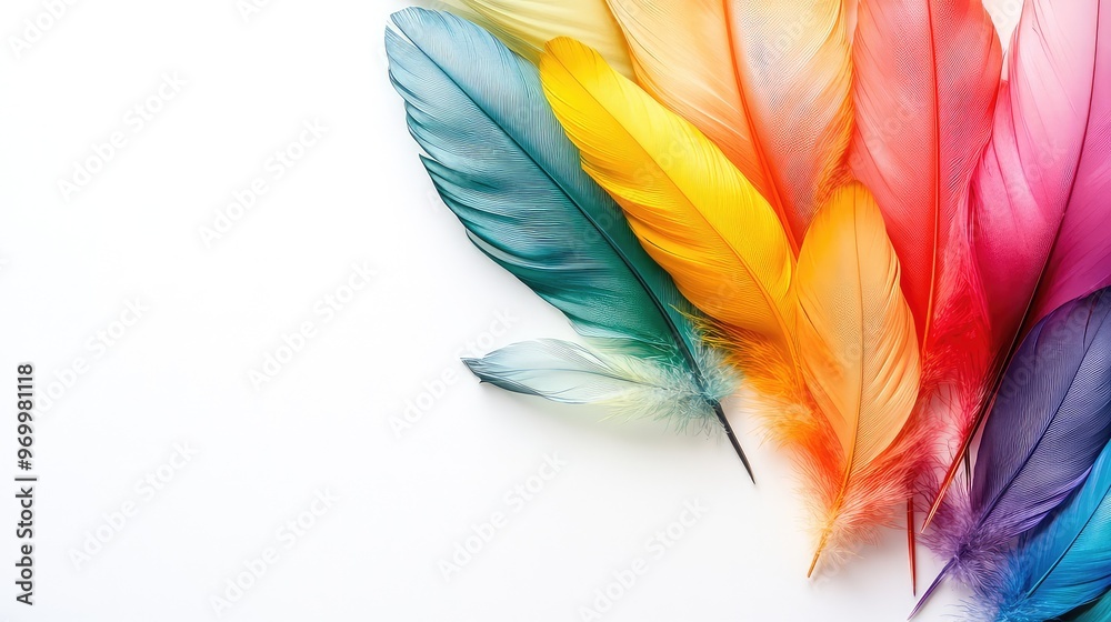 Soft Focus Image of Colorful Feathers on a White Background with Ample Copy Space, Perfect for Creative and Artistic Projects Soft Focus Image of Colorful Feathers on a White Background with Ample Copy Space, Perfect for Creative and Artistic Projects