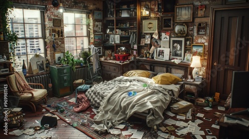 Bedroom in disarray after a party, with clothes, bottles, and trash littering the floor.