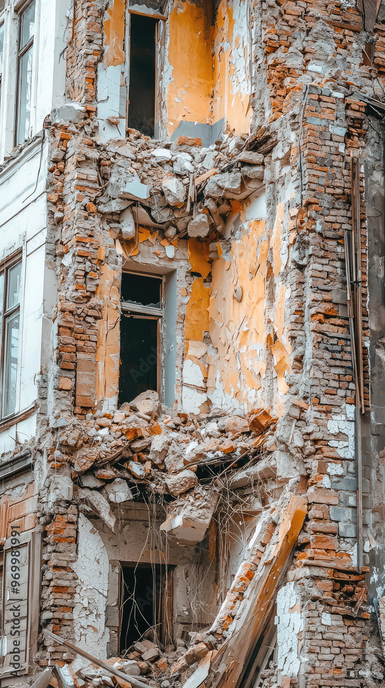 Crumbling building after an earthquake, showcasing destruction and decay Crumbling building after an earthquake, showcasing destruction and decay