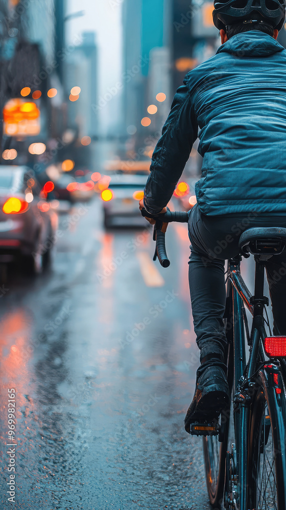 A cyclist rides through busy urban street, surrounded by traffic and city lights A cyclist rides through busy urban street, surrounded by traffic and city lights