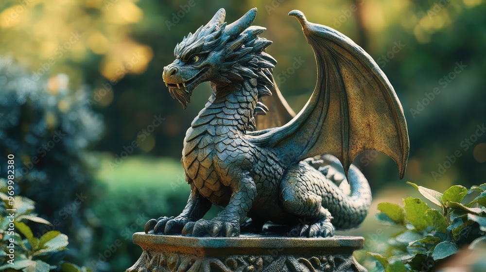 Obraz premium Fantasy Dragon Statue in Lush Green Nature Background with Selective Focus, Capturing the Mystical and Enchanting Essence of Mythical Creatures