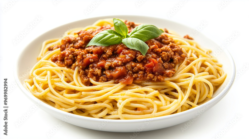 A delicious plate of spaghetti topped with rich meat sauce and fresh basil leaves, presented on a clean white plate. A delicious plate of spaghetti topped with rich meat sauce and fresh basil leaves, presented on a clean white plate.