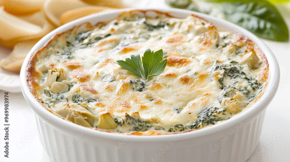 A creamy baked spinach and artichoke dip served in a white ceramic dish, garnished with a parsley leaf on top.