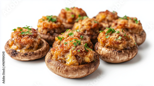 A selection of delicious stuffed mushrooms topped with golden breadcrumbs and garnished with fresh parsley on a white background.