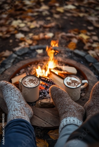 Cozy autumn afternoon with coffee and a fire on a wooden tray surrounded by f...