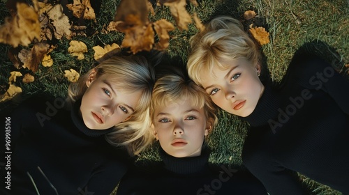 Three young girls in black turtlenecks lying on grass with autumn leaves in t...