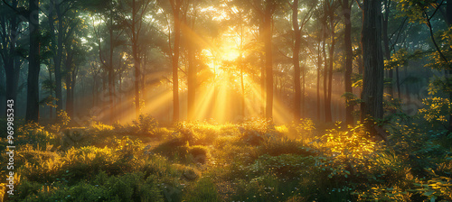 Sunlight Rays in Green Forest