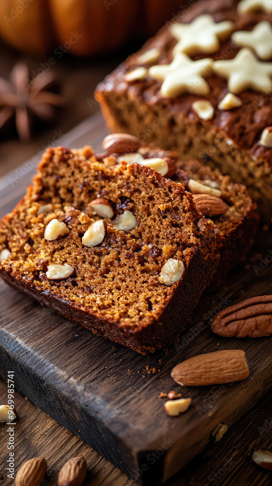 Fototapeta premium Delicious pumpkin bread slice with nuts and spices, perfect for fall!