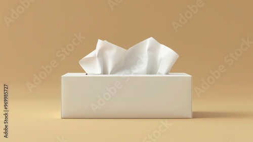 A white box of tissues sits on a beige background, with a few tissues pulled out to reveal the box's opening.