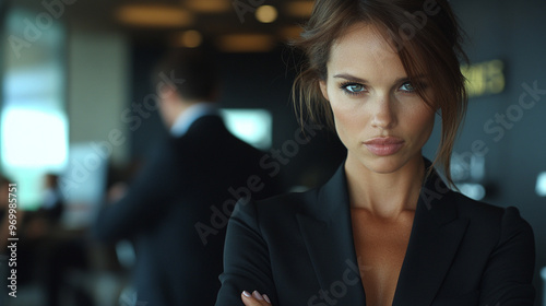 woman in a sleek skinny suit stands against a blurred cityscape, embodying professionalism, success, and modern business sophistication