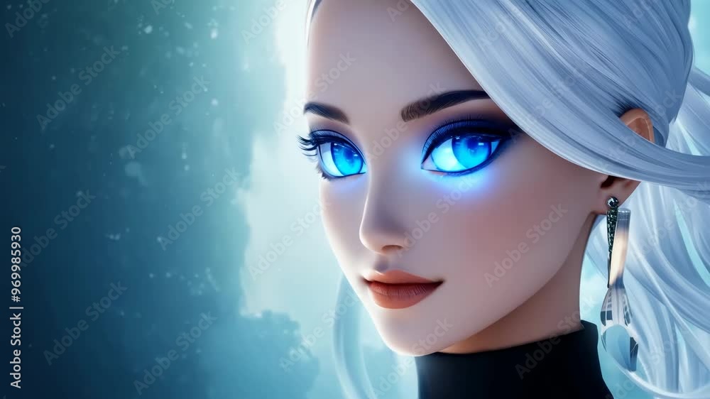A stunning animated character with bright blue eyes and a serene expression set against a mystical background A stunning animated character with bright blue eyes and a serene expression set against a mystical background