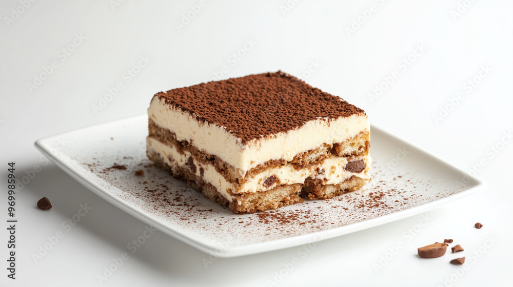 Delectable slice of tiramisu cake on a white plate, elegantly dusted with cocoa powder, on a clean white background. Delectable slice of tiramisu cake on a white plate, elegantly dusted with cocoa powder, on a clean white background.