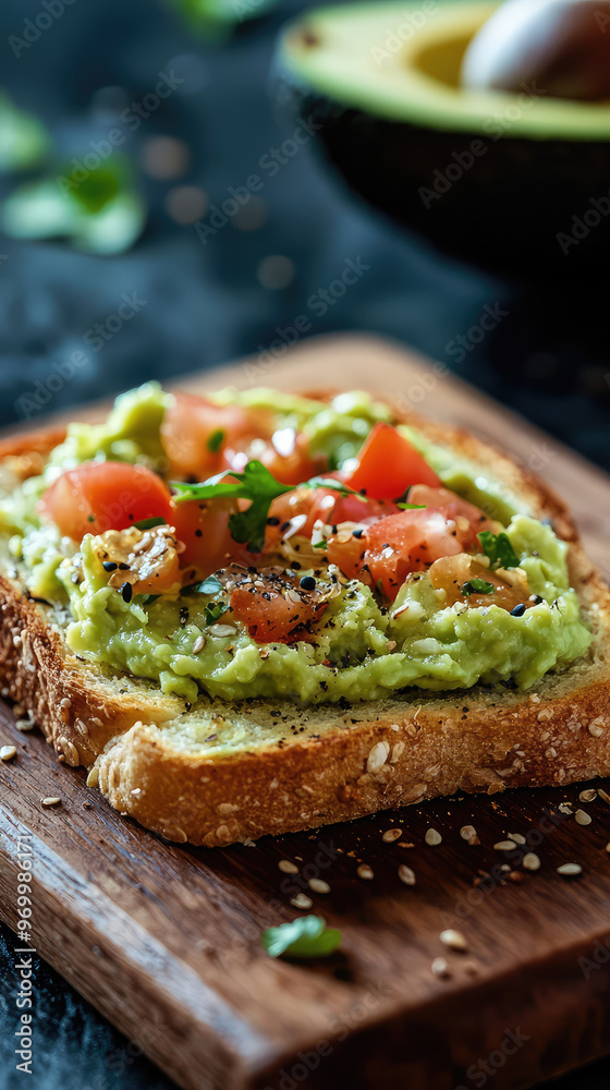 A delicious slice of toasted bread topped with creamy avocado, tomatoes, and herbs A delicious slice of toasted bread topped with creamy avocado, tomatoes, and herbs
