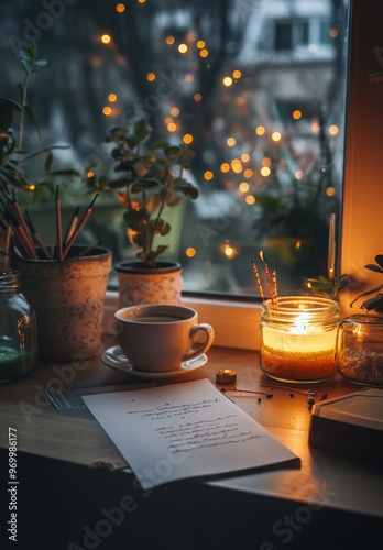 Cozy workspace with plants, warm light, and a cup of coffee during a tranquil...