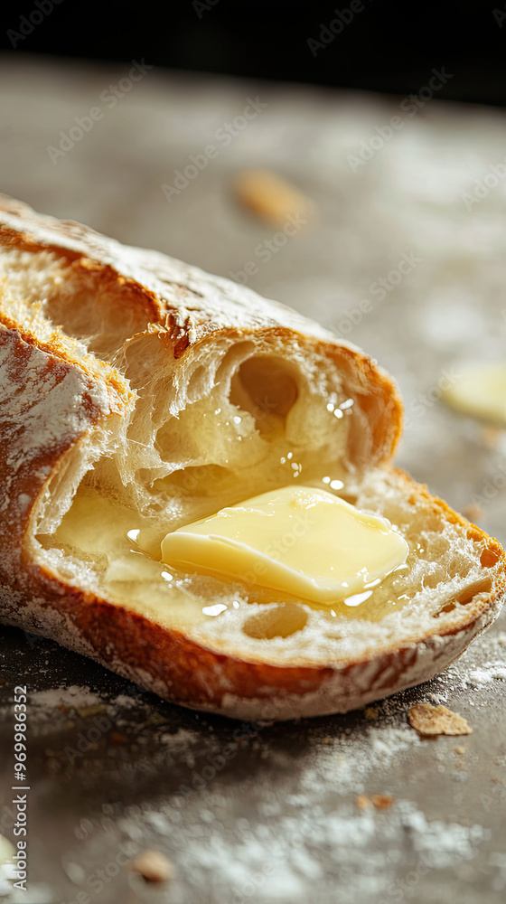 A close up of sliced baguette with melting butter, showcasing delicious textures A close up of sliced baguette with melting butter, showcasing delicious textures