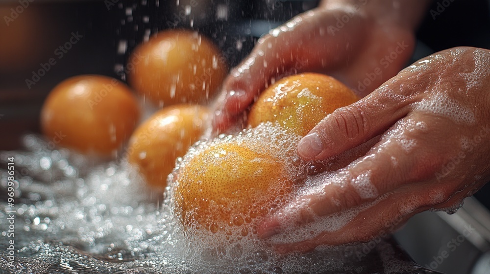 Fototapeta premium Closeup of Hand Washing Oranges in Soapy Water