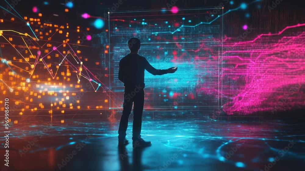 Silhouette of a Man Interacting with Holographic Data Display Silhouette of a Man Interacting with Holographic Data Display