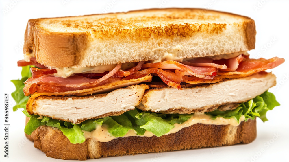 Close-up of a delicious grilled chicken and bacon sandwich with fresh lettuce on toasted bread. Close-up of a delicious grilled chicken and bacon sandwich with fresh lettuce on toasted bread.