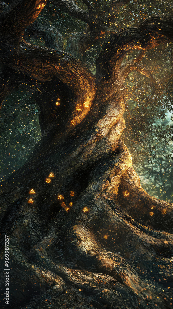 A close up of an ancient tree with twisted roots and glowing symbols, evoking mystery and wonder A close up of an ancient tree with twisted roots and glowing symbols, evoking mystery and wonder