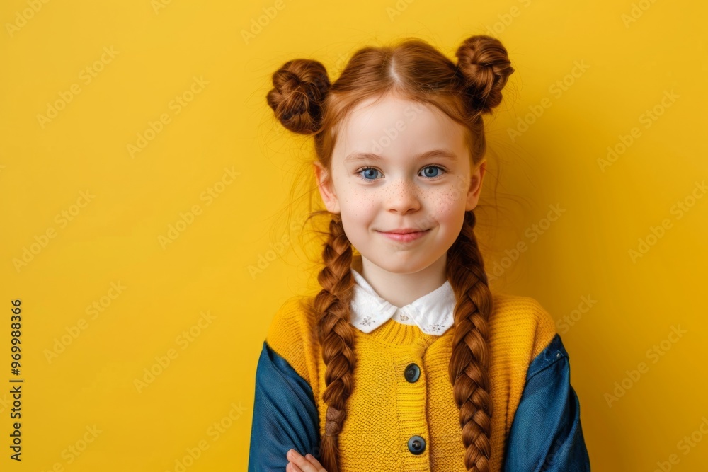 Cute girl on a yellow background. Copy space Cute girl on a yellow background. Copy space