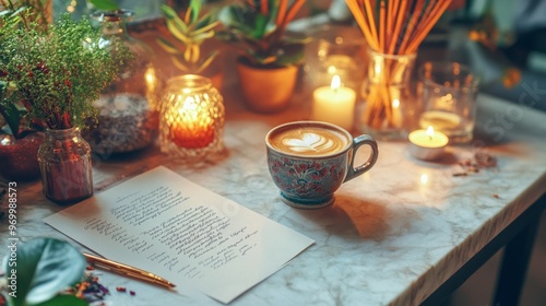 A cozy coffee setting with candles, flowers, and handwritten notes on a marbl...