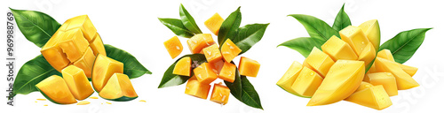 Mango pieces with green leaves isolated on transparent background, set of