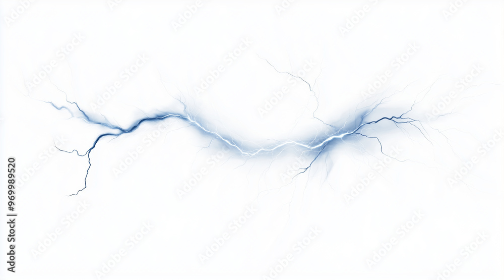 Fototapeta premium Dynamic lightning bolt frozen in mid-strike isolated on a white background. Weather phenomena isolated on white. Photo realistic photo. 