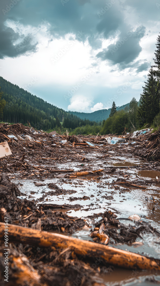 Flood aftermath landscape with debris and muddy water, showcasing natures impact Flood aftermath landscape with debris and muddy water, showcasing natures impact