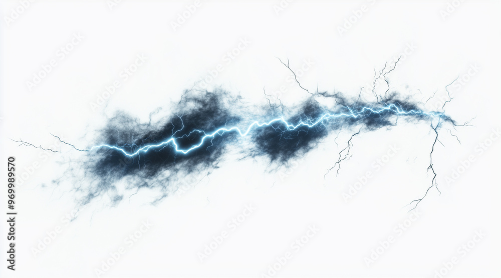 Dynamic lightning bolt frozen in mid-strike isolated on a white background. Weather phenomena isolated on white. Photo realistic photo.
Dynamic lightning bolt frozen in mid-strike isolated on a white background. Weather phenomena isolated on white. Photo realistic photo.