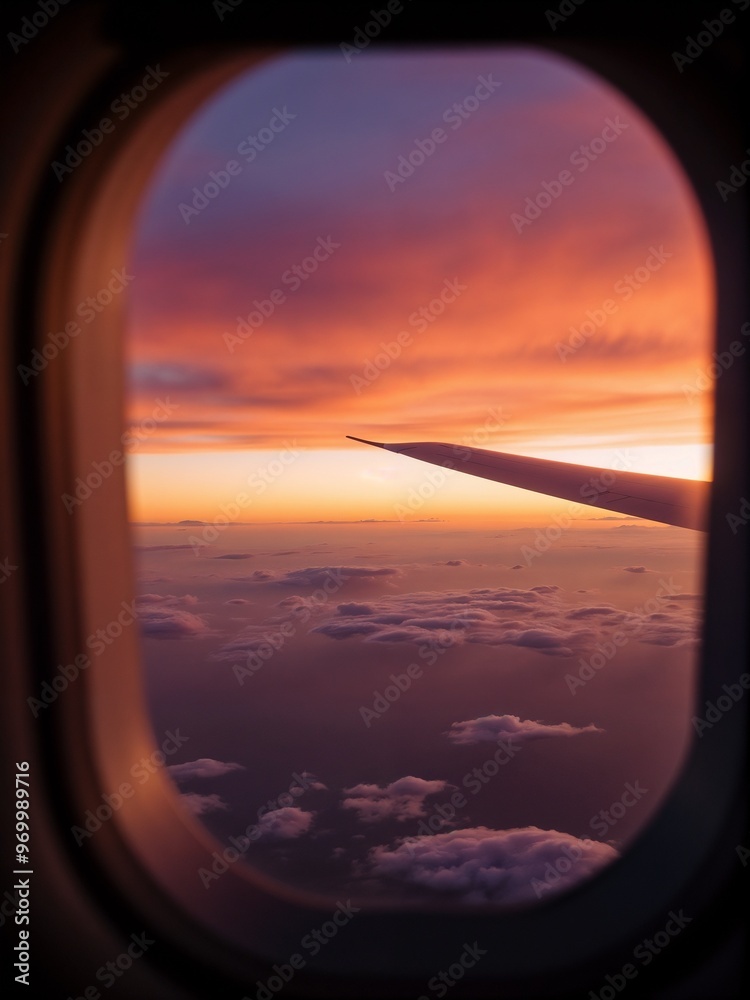 A breathtaking view of a serene sunset sky captured from an airplane window, featuring a vibrant panorama of hues and a wing slicing through colorful clouds. A breathtaking view of a serene sunset sky captured from an airplane window, featuring a vibrant panorama of hues and a wing slicing through colorful clouds.